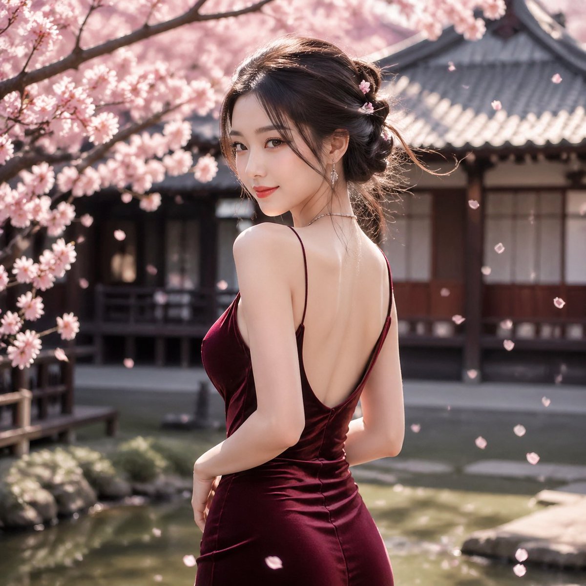 Cherry Blossom Portrait — Elegant Backless Gown Prompt