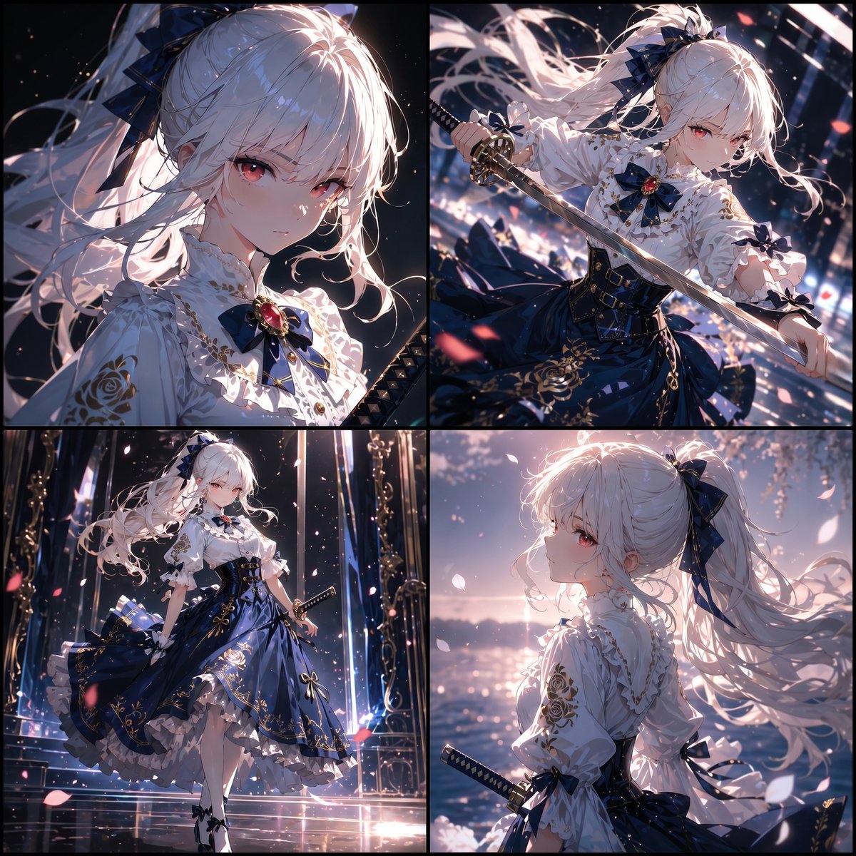 Elegant White-Haired Swordswoman 4-Grid Anime Prompt