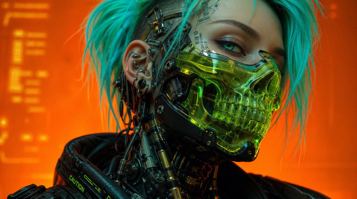 Cyberpunk Cyborg Skull Mask Portrait — Sora 2 Prompt