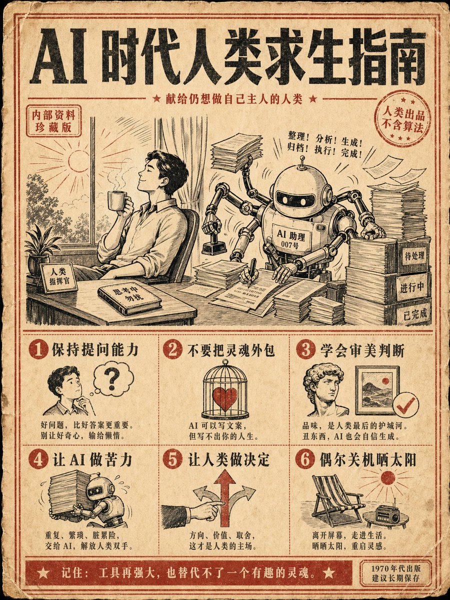 Vintage 1970s AI Survival Guide Poster — Sora 2 Prompt