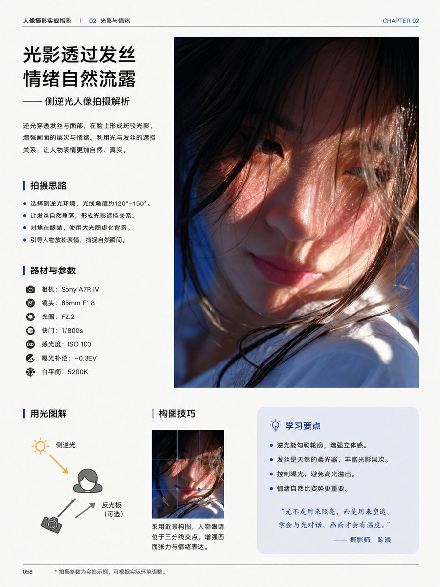 Side-Backlight Portrait Tutorial — Sora 2 Book Page Prompt