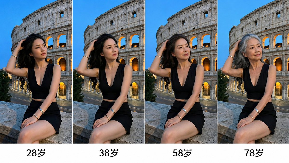 Age Progression Photo Grid — 38, 58 & 78 Year-Old Versions