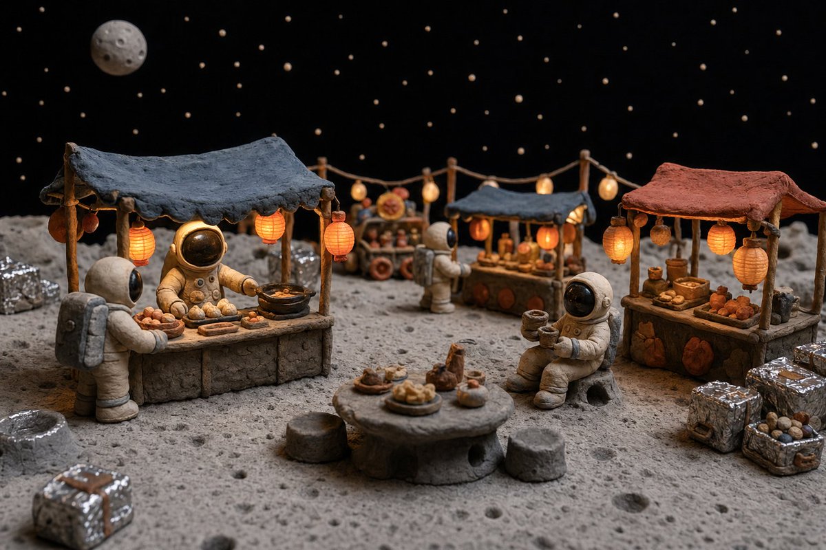Clay Astronauts Moon Market — Sora 2 Prompt