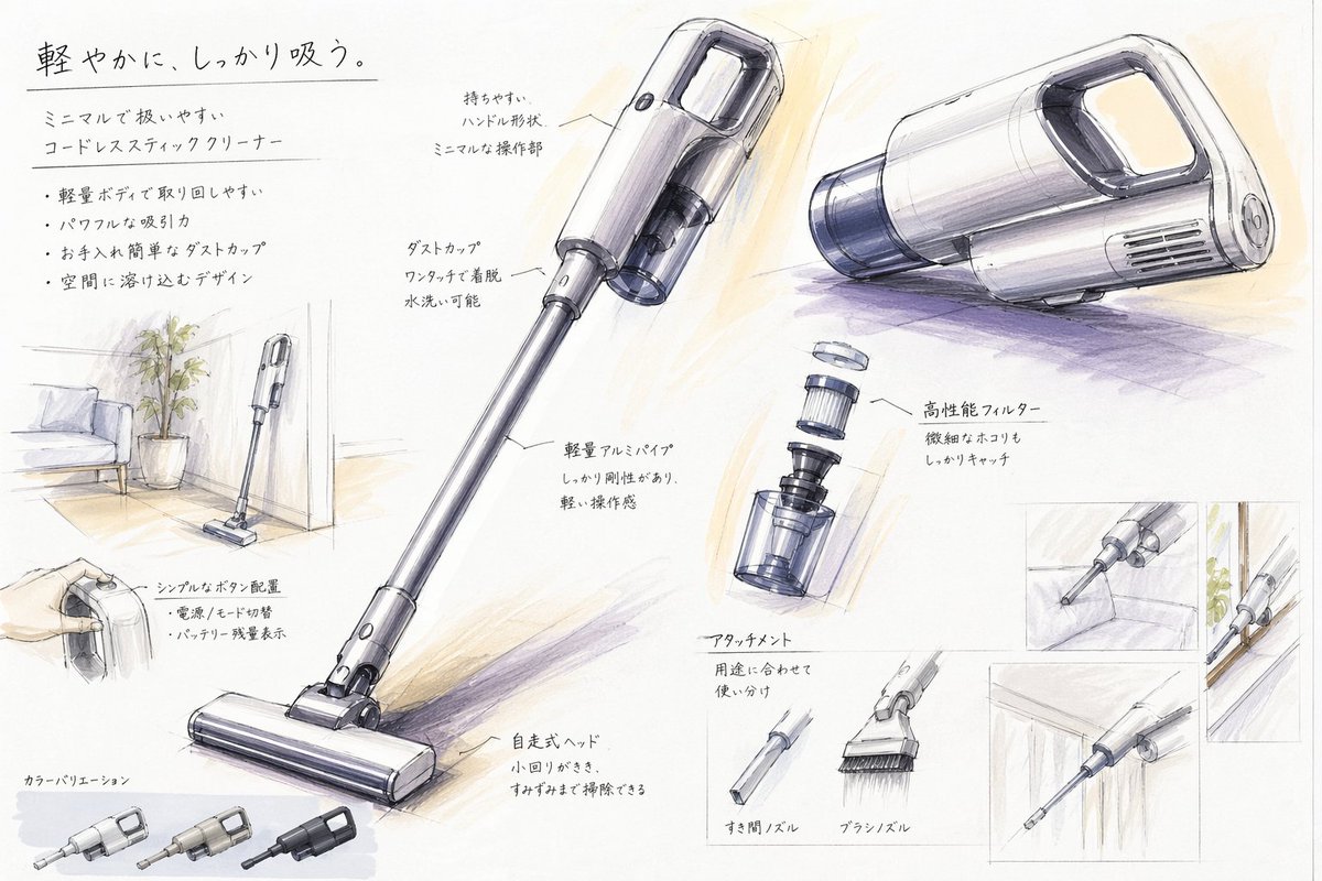 Minimalist Cordless Vacuum Hand-drawn Sketch — Sora 2 Prompt