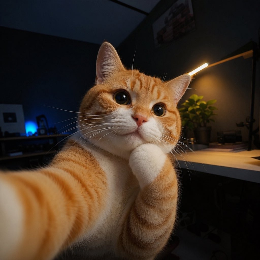 Cat Selfie Portrait in Dramatic Lighting — Sora 2 Prompt