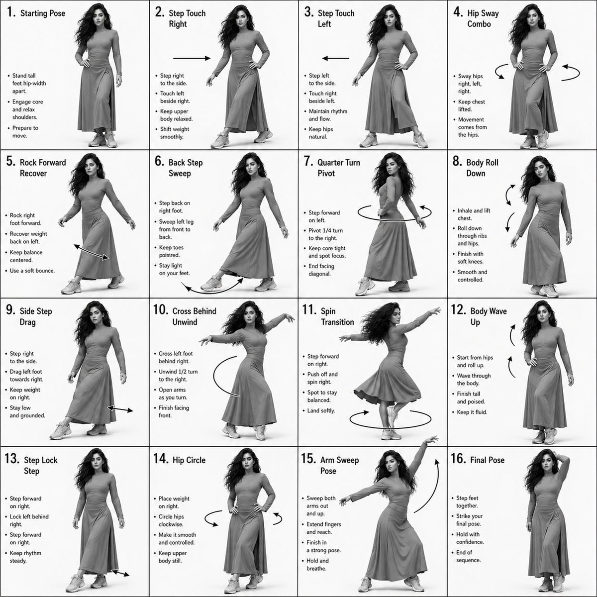 Choreography Sheet: 4x4 Grayscale 3D Dance — Sora 2 Prompt