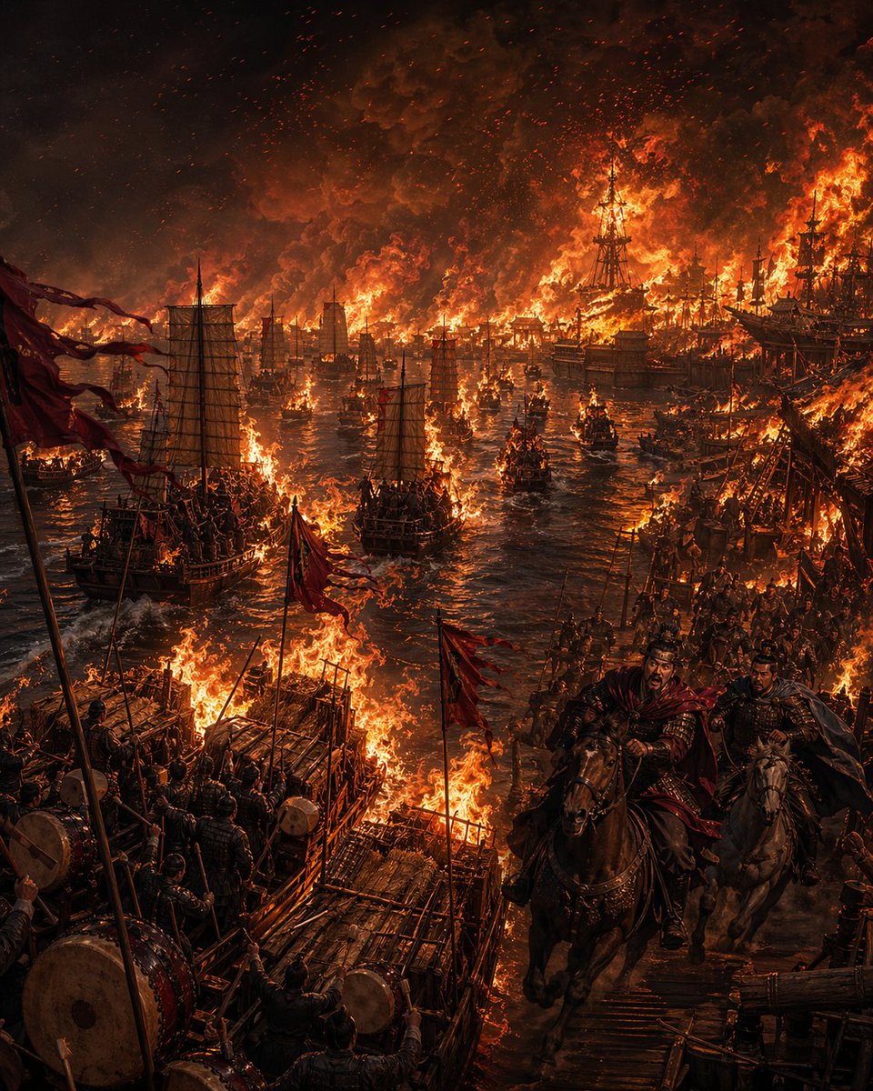 Flaming Fleet at Red Cliffs — Sora 2 Prompt