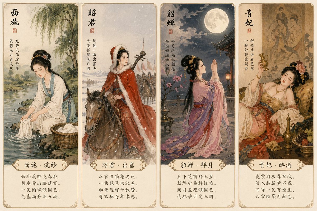 Four Beauties Classical Postcards — Sora 2 Prompt