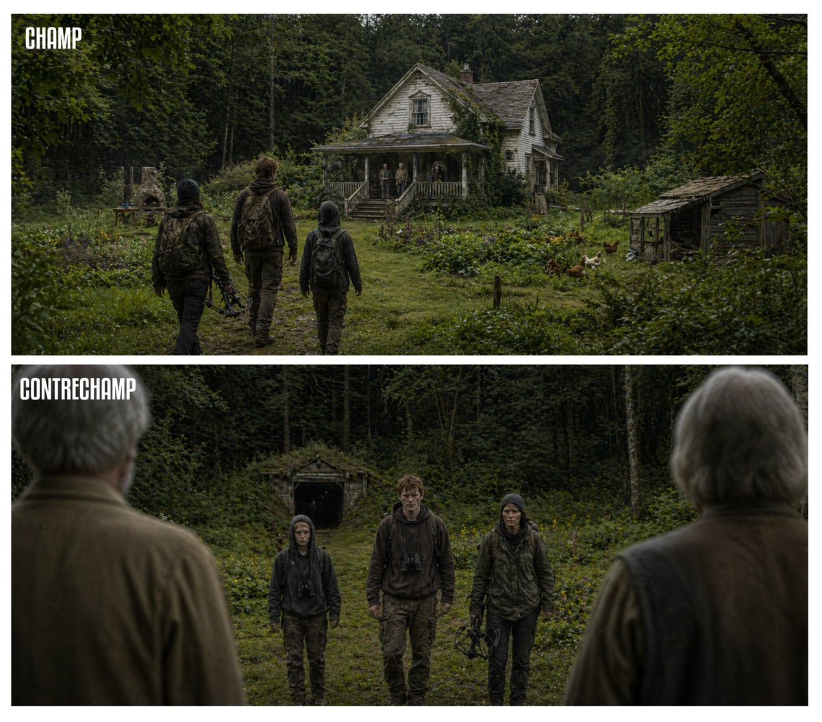 Cinematic Shot/Reverse Shot Duptych — Survival Drama Prompt