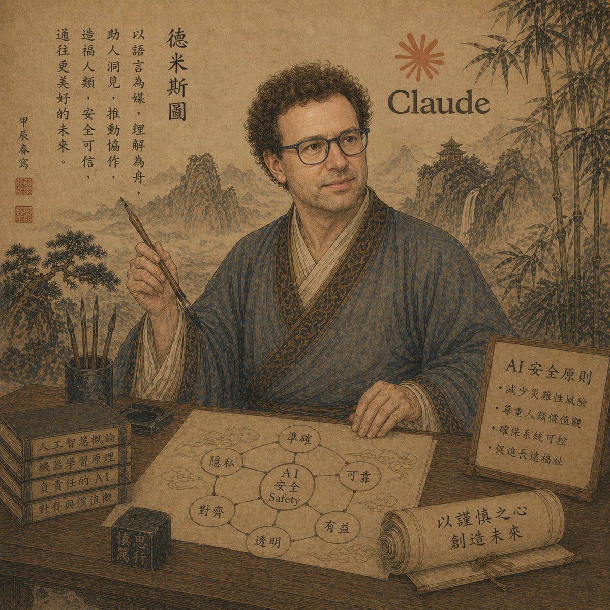 Ancient Scholar AI Safety Poster — Sora 2 Prompt