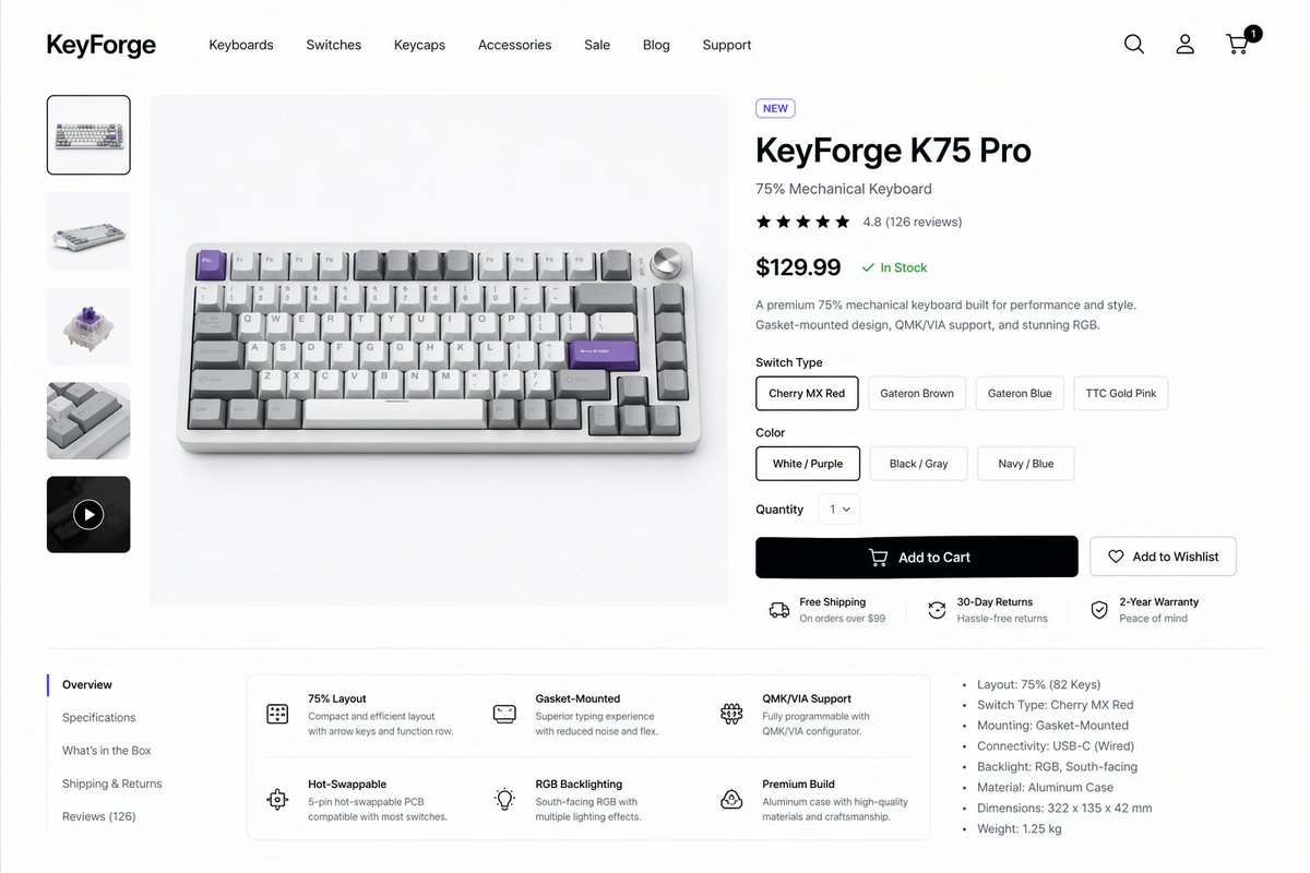 Mechanical Keyboard E-Commerce Mockup — Sora 2 Prompt