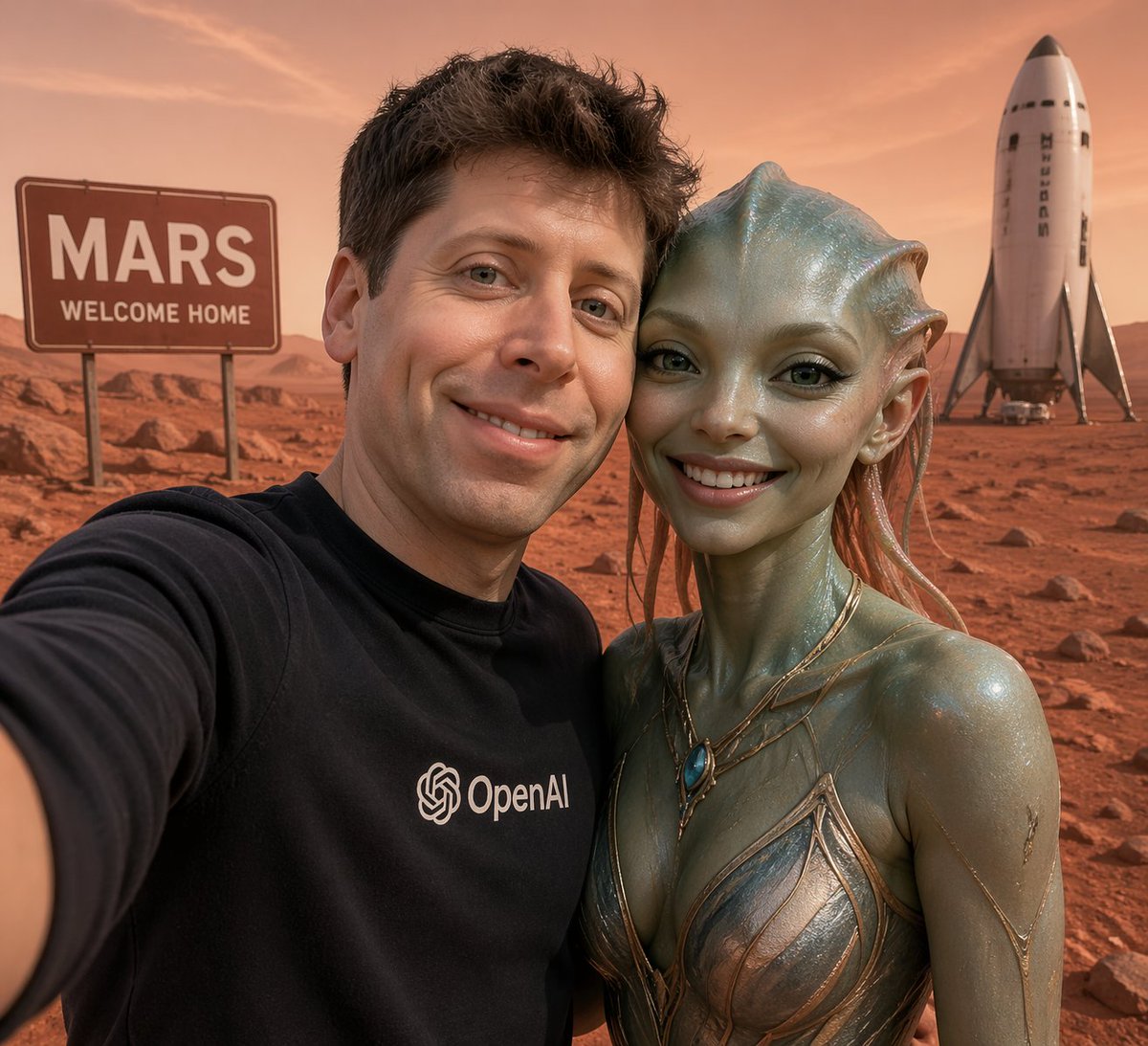 Realistic Mars Selfie with Alien & Rocket — Sora 2 Prompt