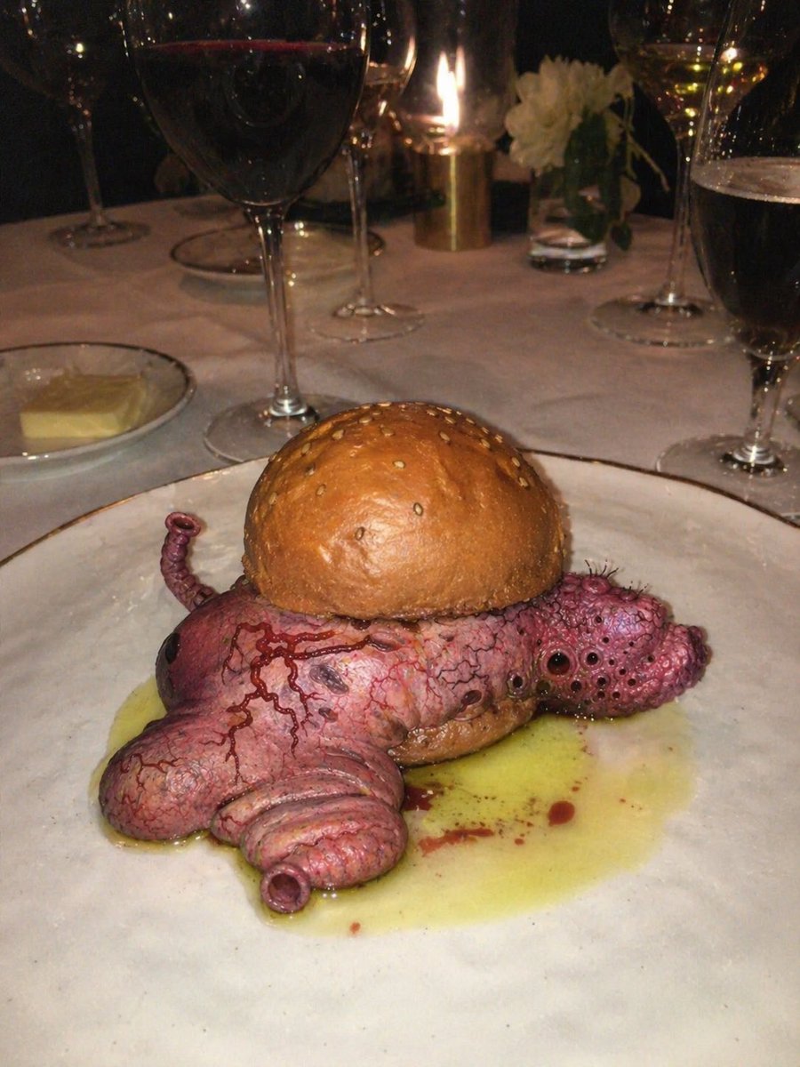 Surreal Octopus Burger Horror Fine Dining Photo — Sora 2 Prompt