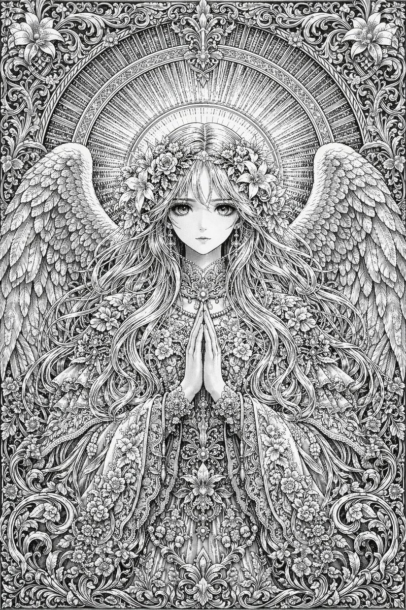 Intricate B&W Angel Line Art — Sora 2 Prompt