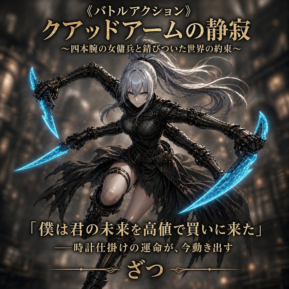 Dark Fantasy 4-Armed Mecha Heroine Cover — Sora 2 Prompt