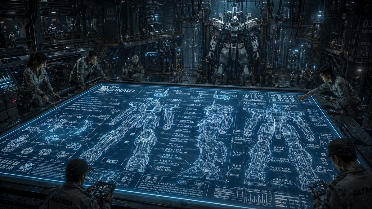 Cinematic Sci-Fi Mech Blueprint Hangar — Sora 2 Prompt