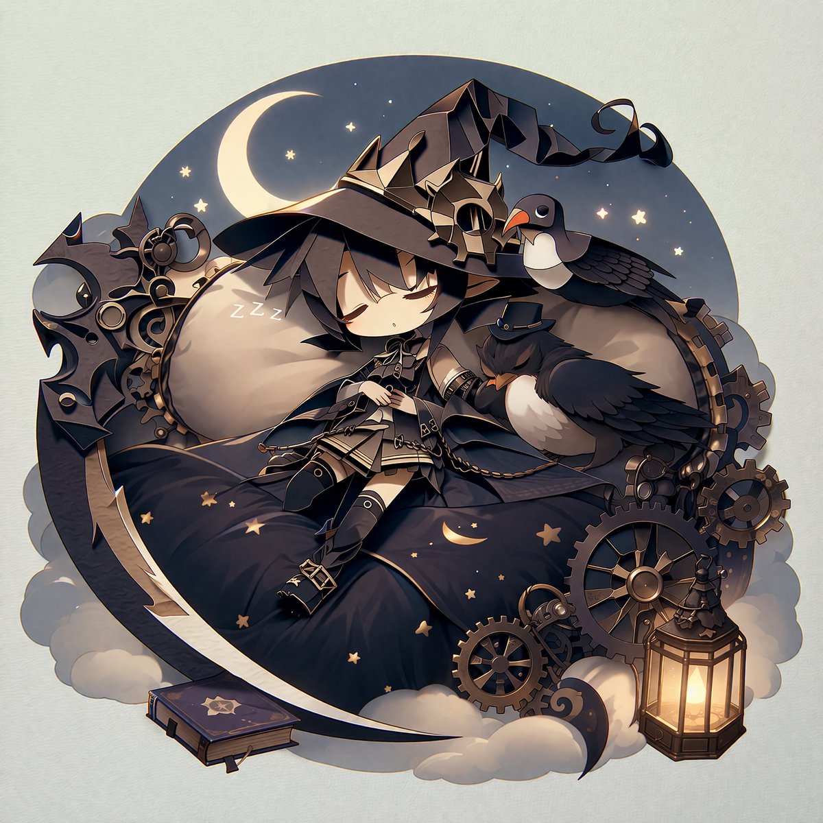 Steampunk Chibi Sleeping Witch Sticker Prompt — Sora2