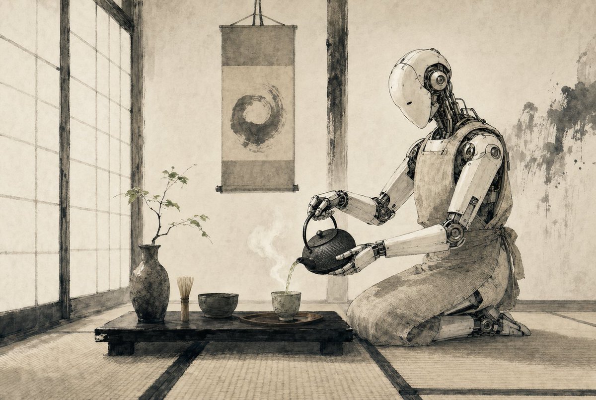 Wabi-Sabi Robot Tea Ceremony — Cinematic Ink Wash Sora Prompt