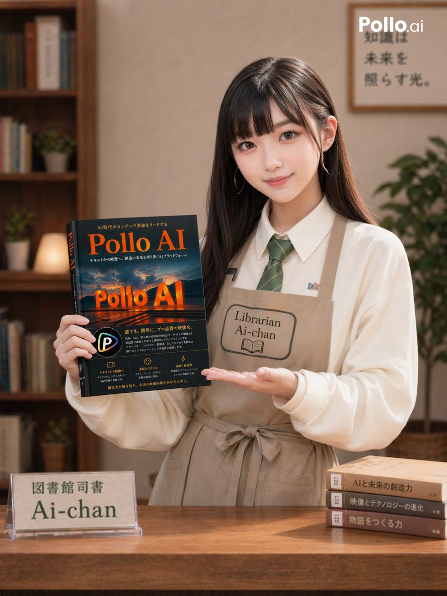 Realistic Librarian Showcasing Pollo AI Book Portrait — Sora 2 Prompt