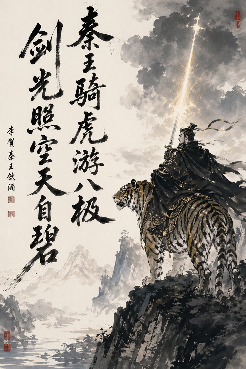 Chinese Ink Wash Warrior on Tiger — Epic Fantasy AI Prompt