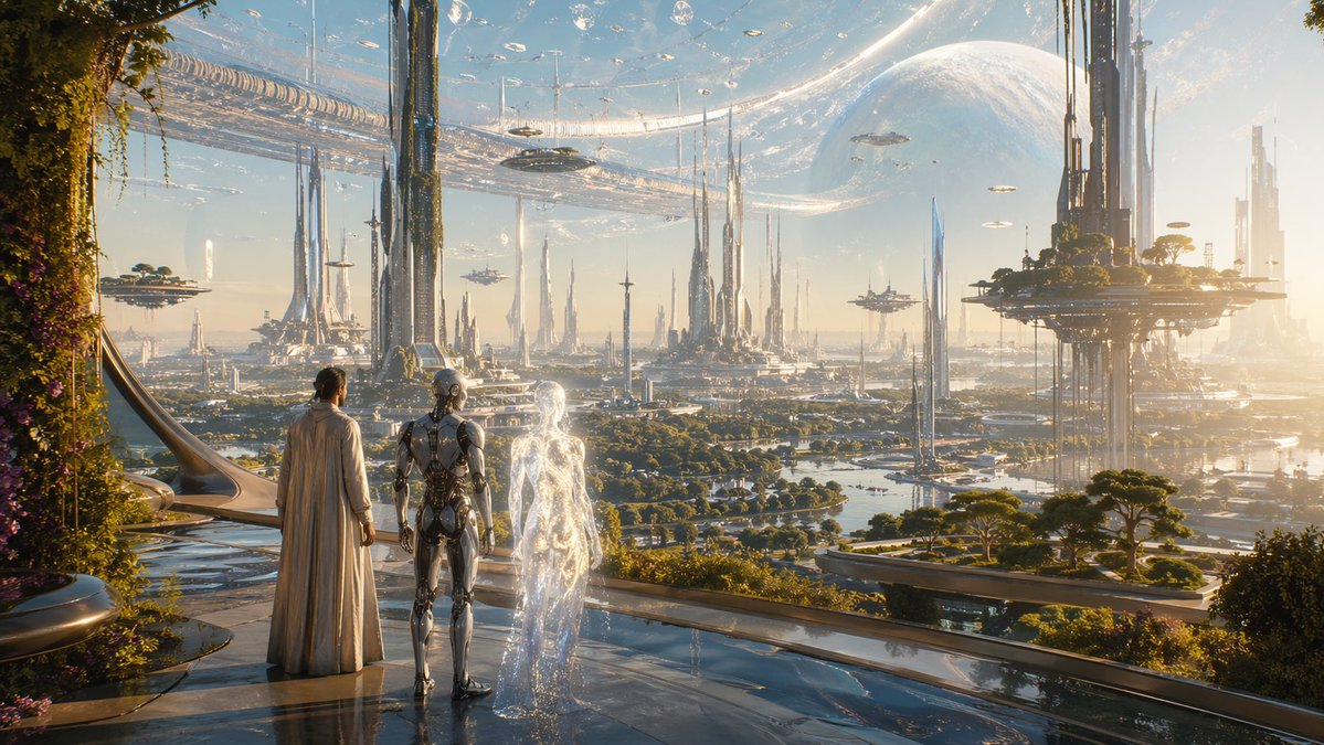 Ethereal Humanoid & Sci-Fi City Year 100000 - Sora 2 Prompt