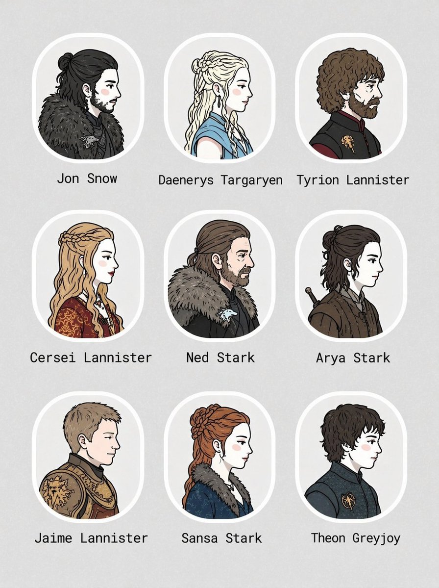 Game of Thrones 3x3 Character Portrait Grid — AI Prompt