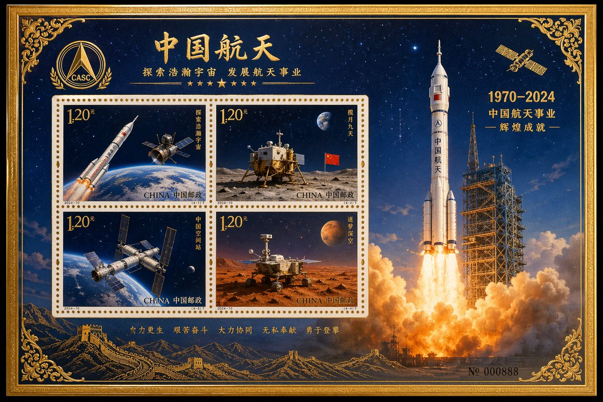 Chinese Aerospace Commemorative Stamp Sheet — Sora 2 Prompt