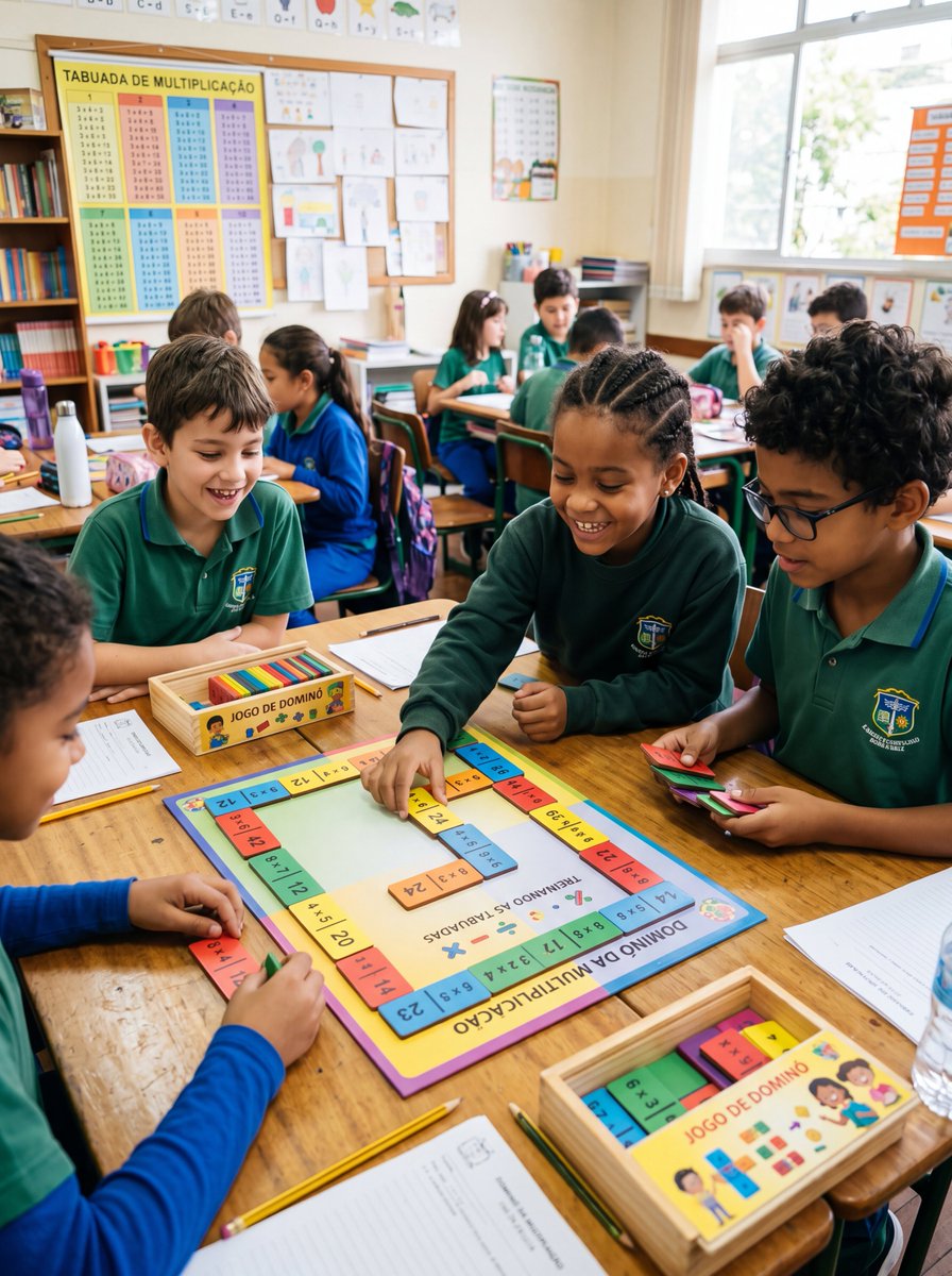 Multiplication Domino Classroom Scene — Realistic Photo Prompt