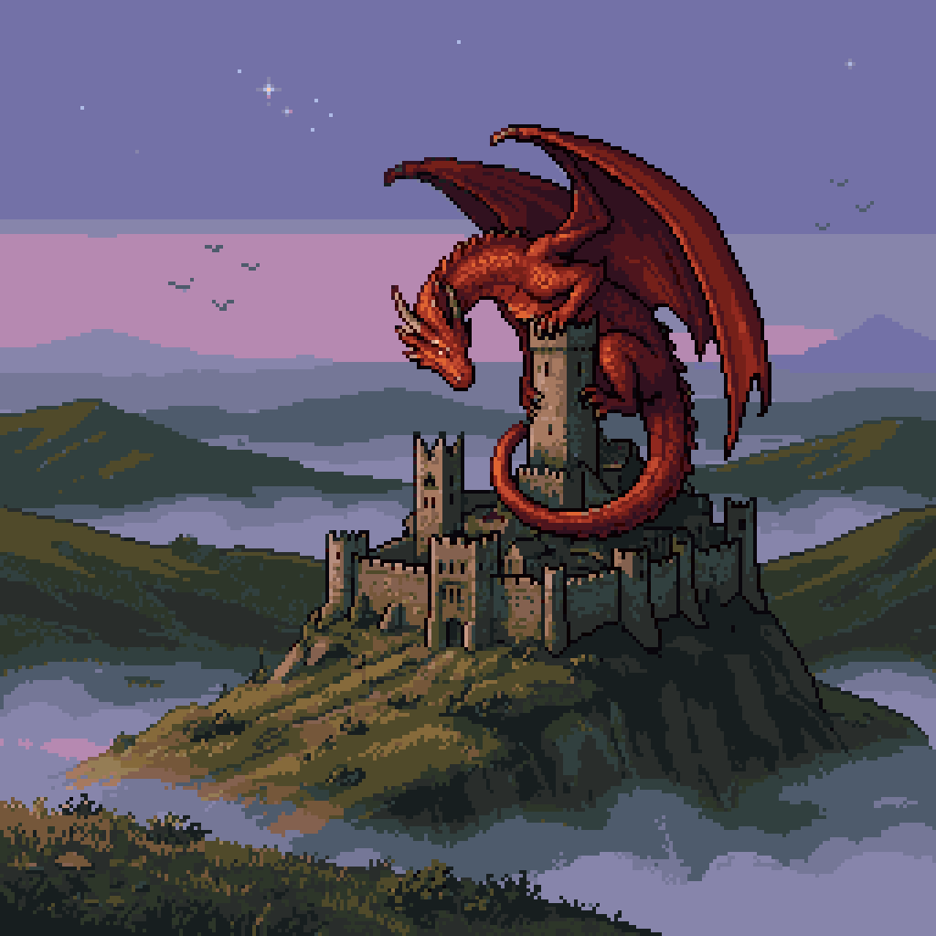 16-Bit Pixel Art Red Dragon on Castle — Sora 2 Prompt