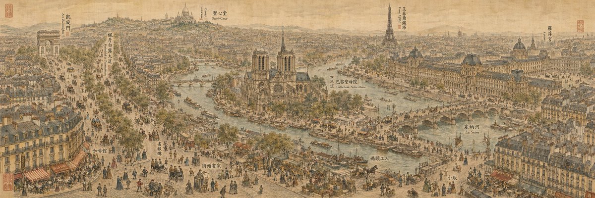 《清明上河图》风格描绘 19 世纪巴黎 — Sora 2 提示词