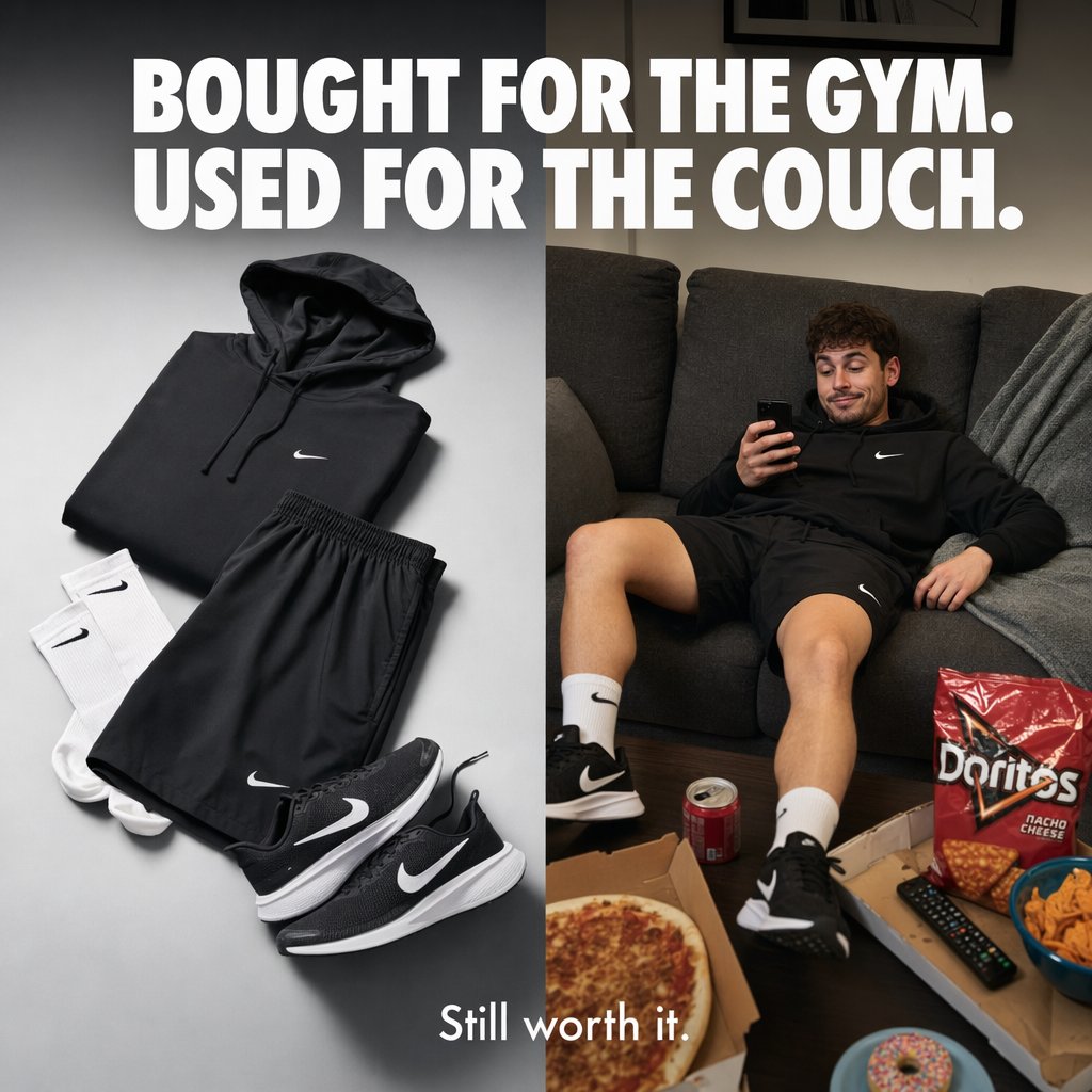 Split-Screen Athleisure Couch Ad — Sora 2 Prompt