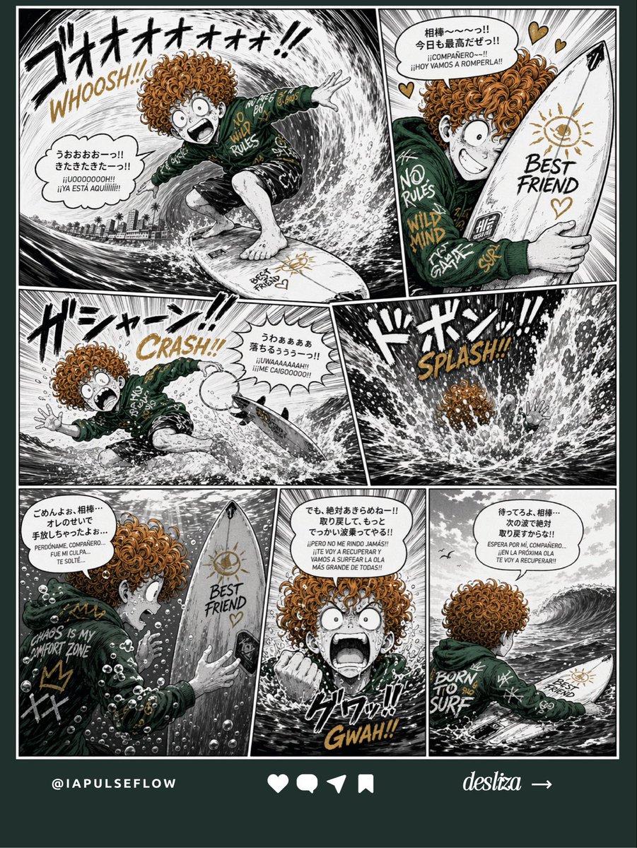 Manga Surfing Wipeout Comic Poster — AI Art Prompt