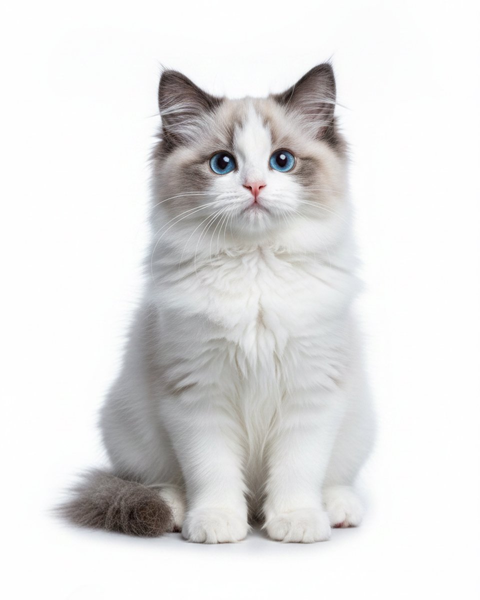 Fluffy Ragdoll Kitten Portrait Prompt — Pure White Background