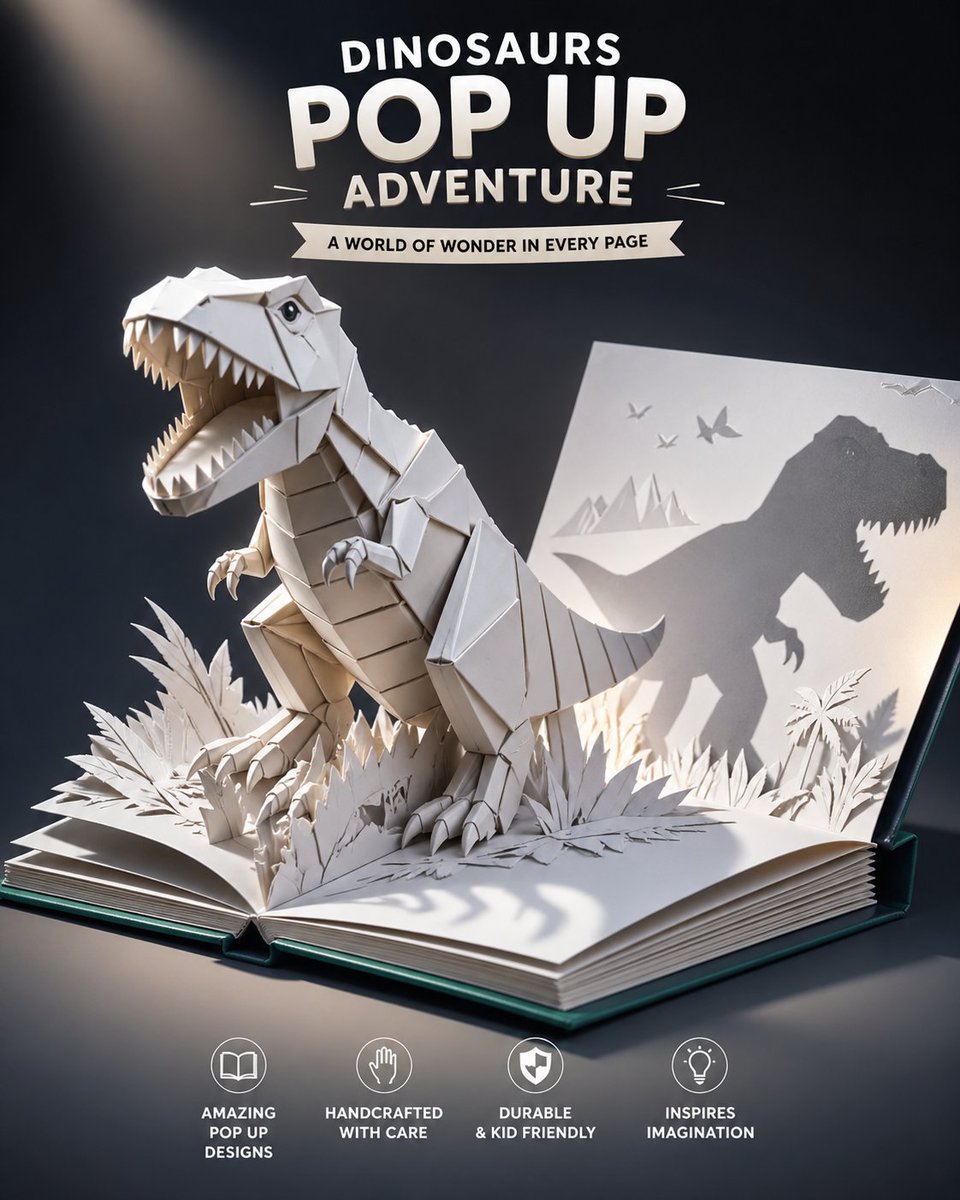 Pop-Up Dinosaur Book Ad — Cinematic Paper Craft Prompt