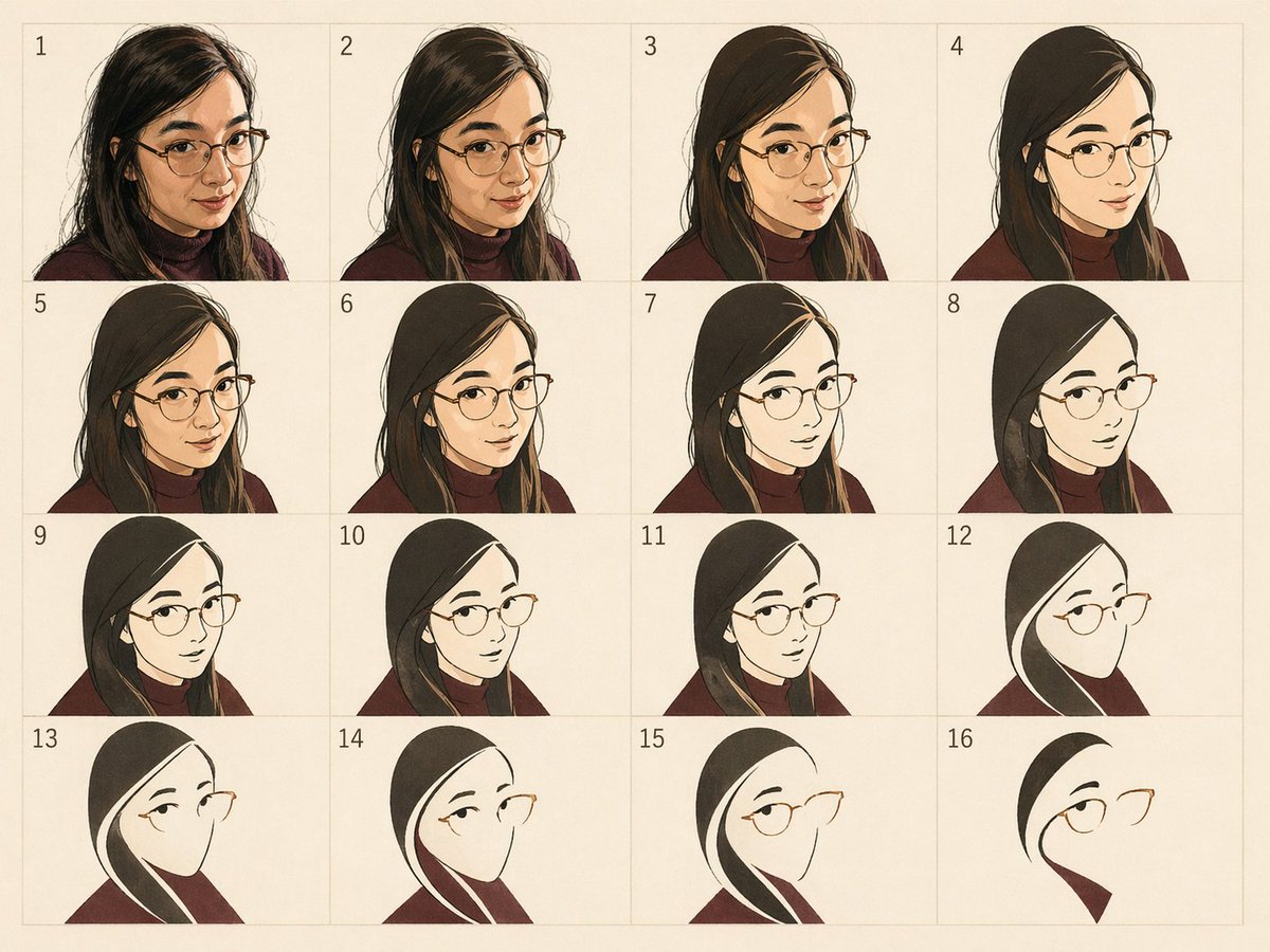 Progressive Portrait Abstraction Grid — Sora 2 Prompt
