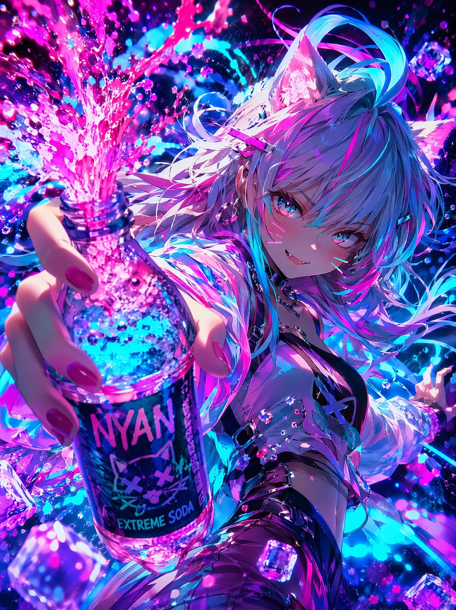 Cyberpunk Catgirl Soda Splash — Sora 2 Prompt