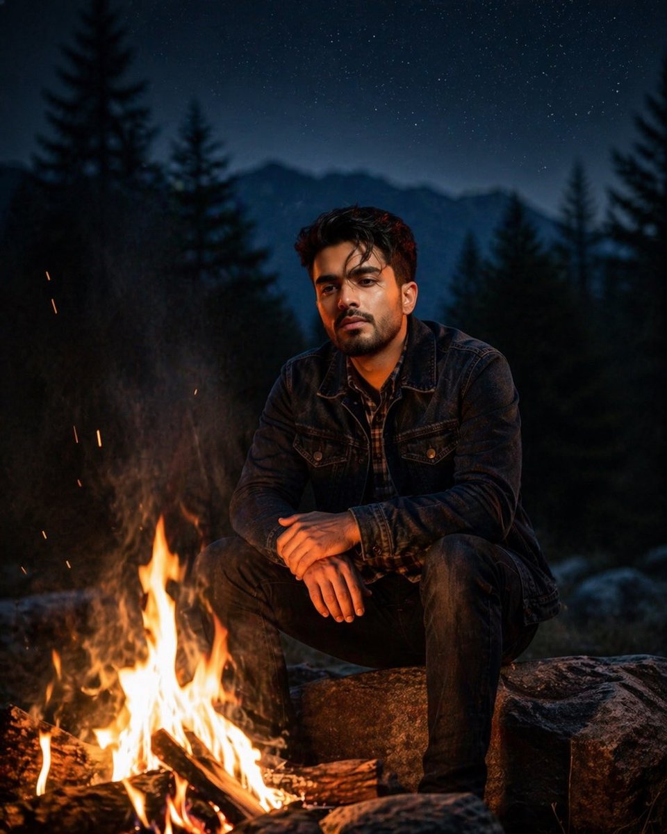 Cinematic Campfire Portrait — Deep Forest Night