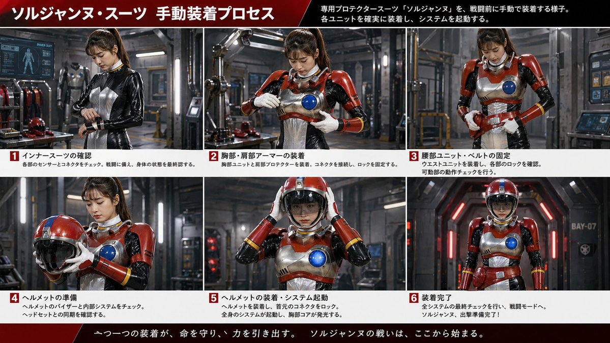 Japanese Sci-Fi Armor Suit-Up Process — Cinematic Infographic Prompt