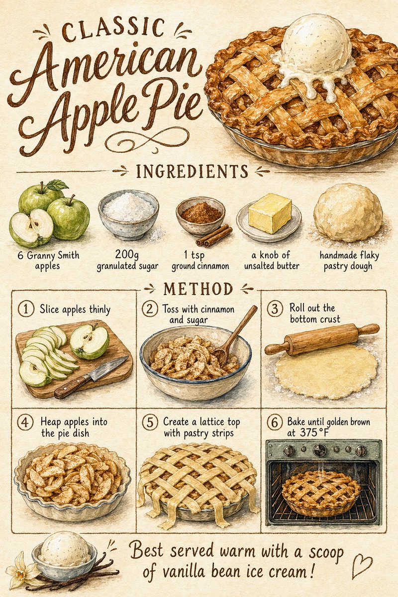 Retro Watercolor Apple Pie Recipe Poster — Sora 2 Prompt