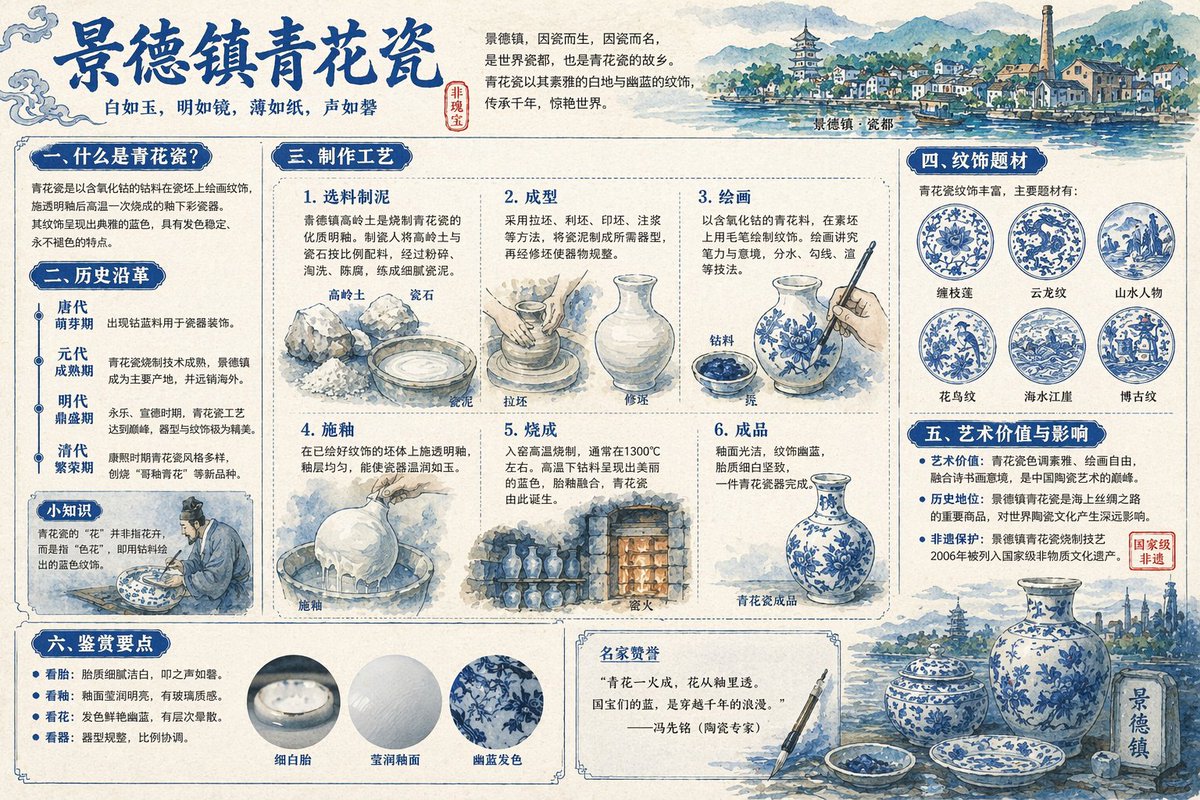 Jingdezhen Blue and White Porcelain Explainer Diagram — Sora 2 Prompt