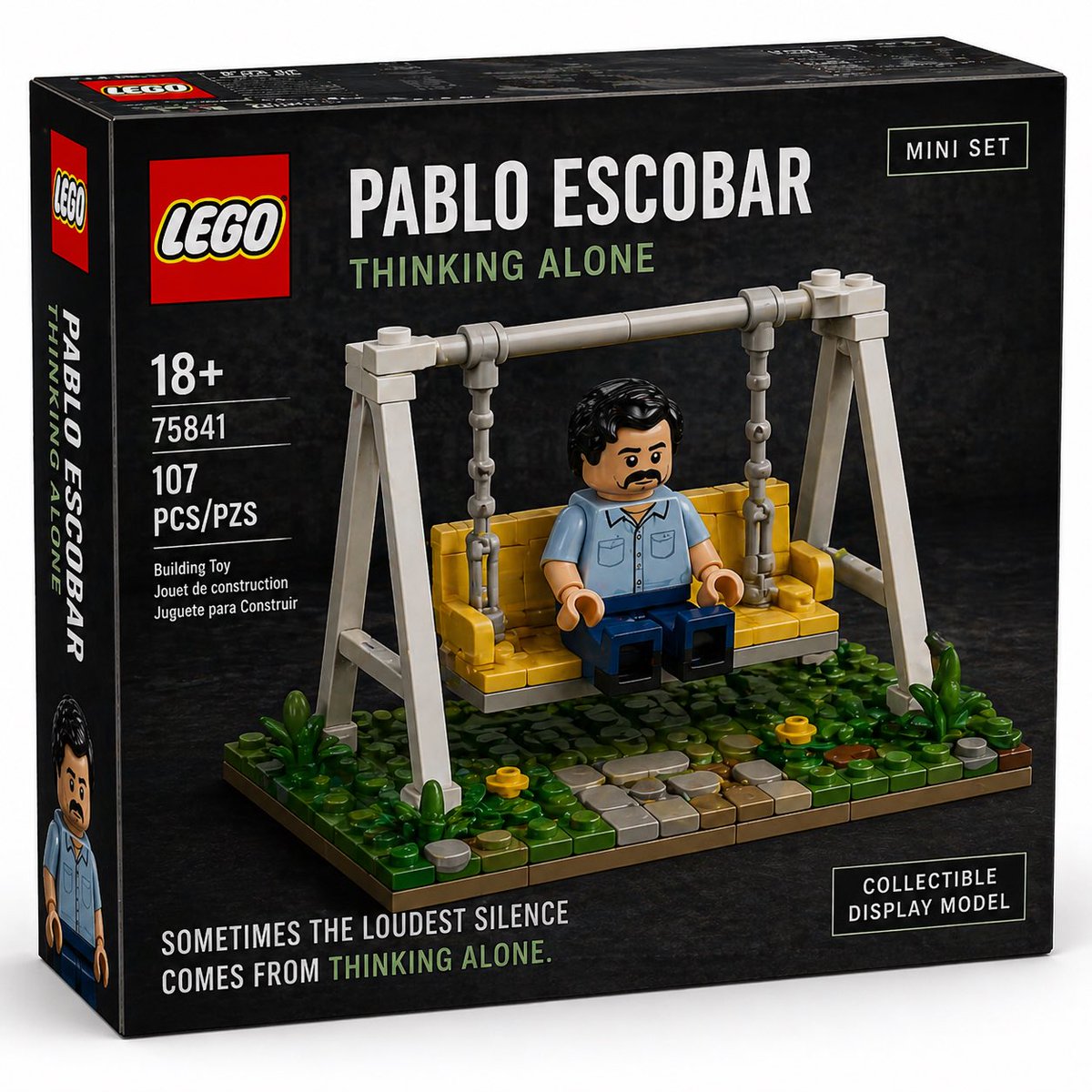 Lego-Style Mockup Box: Escobar on Swing | Sora 2 Prompt