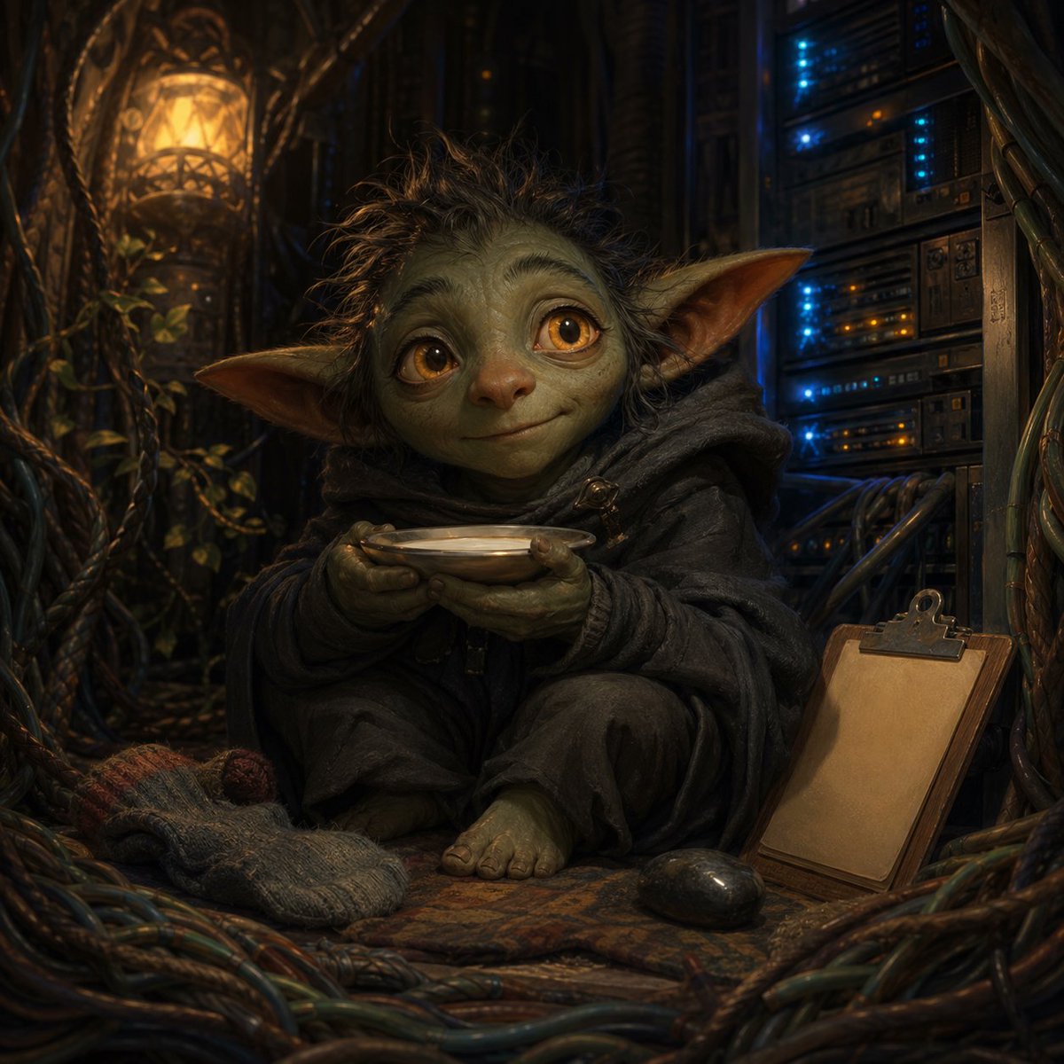 Tangled Server Room Goblin with Milk Saucer — Sora 2 Prompt