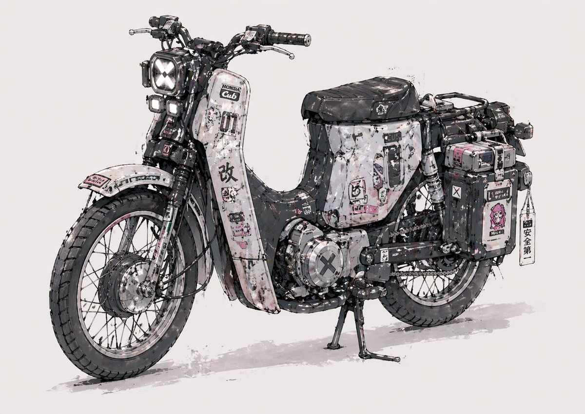 Post-Apocalyptic Custom Cub Motorcycle Concept Art — Sora 2 Prompt