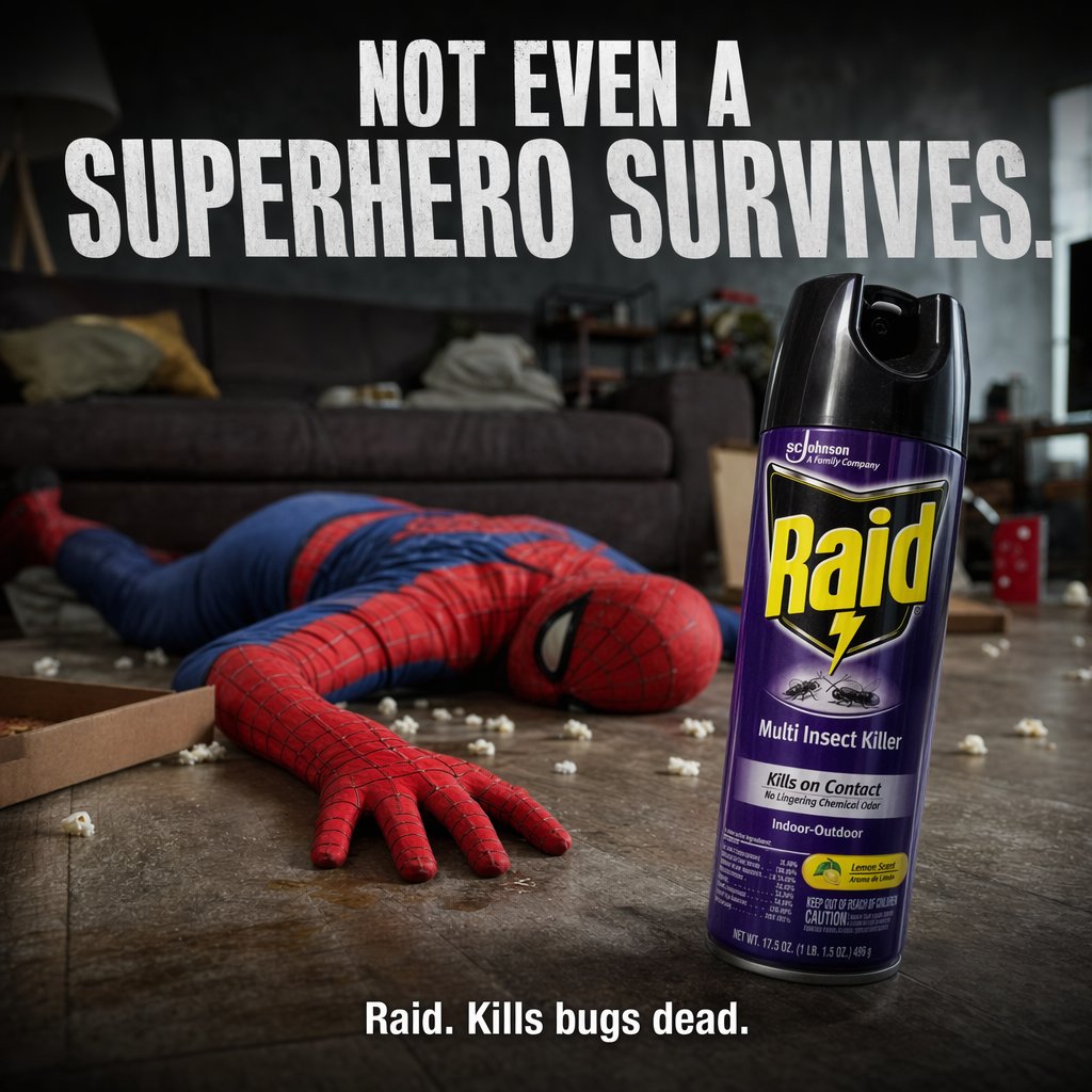 Raid Insecticide Ad Prompt — Superhero Defeat Dark Humor