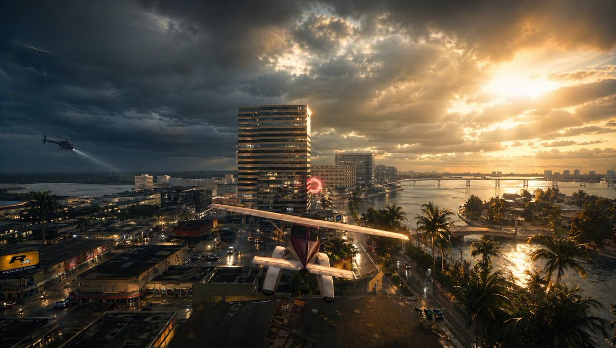 Stormy Sunset Cityscape with Rooftop Plane — Sora 2 Prompt