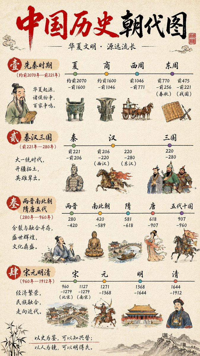 Chinese Dynasty Timeline Prompt — From Xia to Qing Ink Infographic