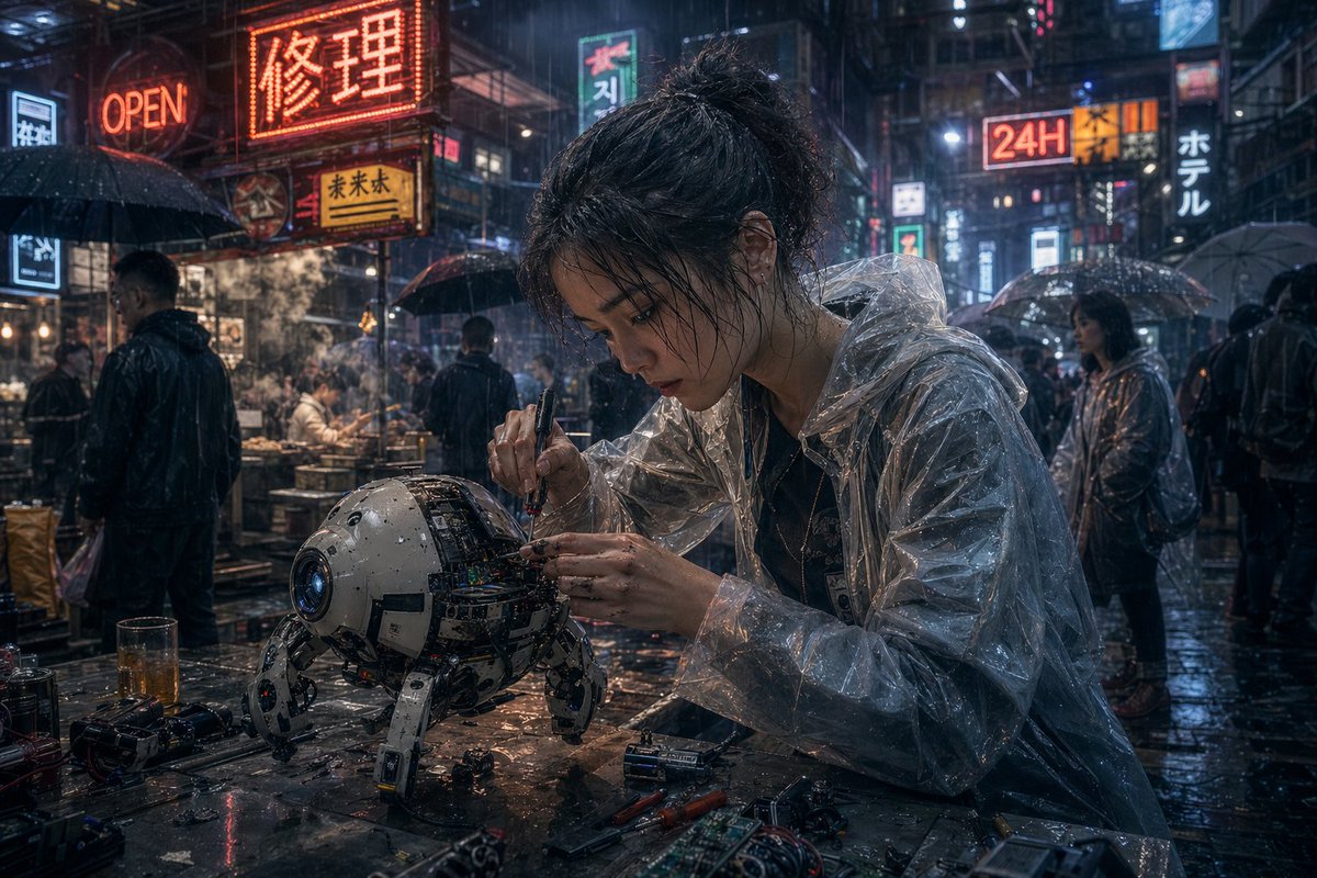 Cyberpunk Rainy Night Robot Repair — Sora 2 Prompt
