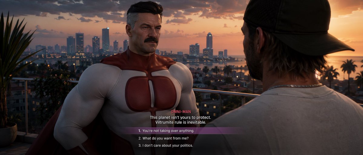 GTA VI Dialogue Screenshot: Omni-Man & Choices — Sora 2