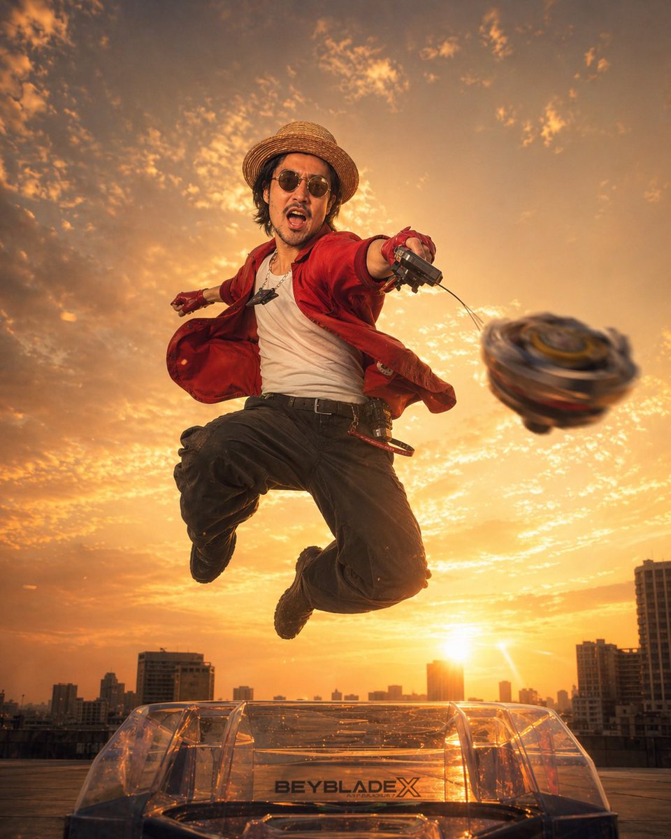 Beyblade X Rooftop Launch — Cinematic Action Prompt