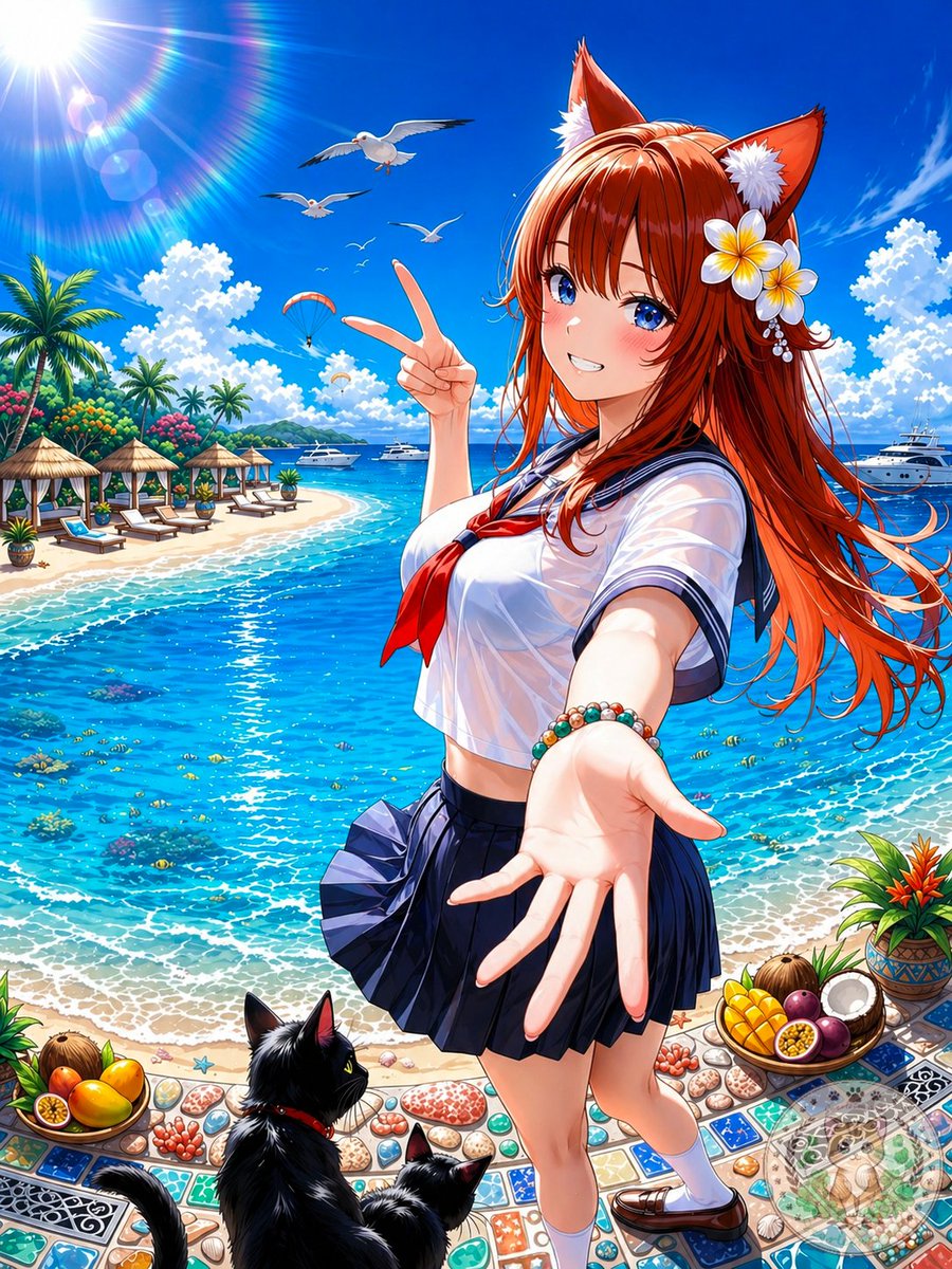 Vibrant Anime Beach Fox-Eared Schoolgirl — Sora 2 Prompt